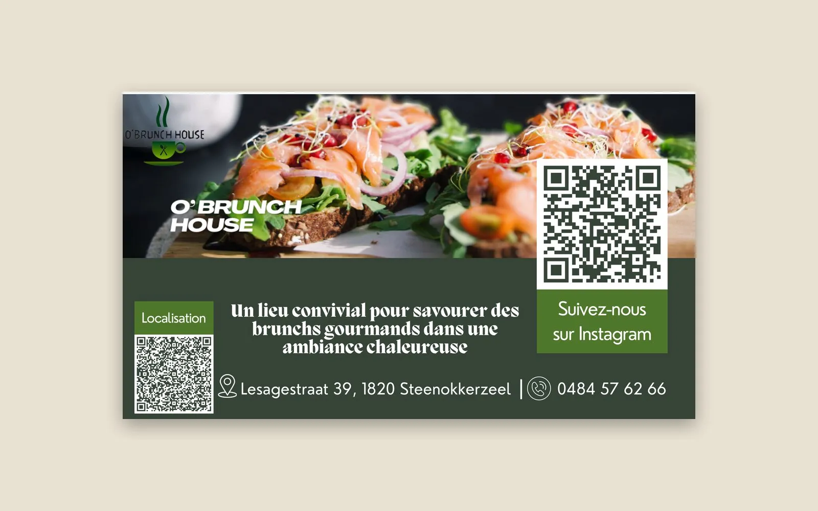 Flyer d'O'Brunch House avec photo de brunch, adresse et QR codes