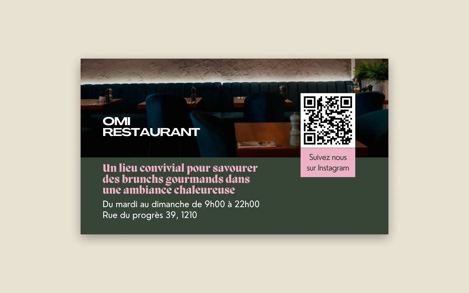 Flyer du restaurant OMI avec horaires, adresse et QR code Instagram